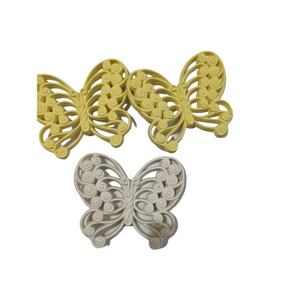 Vintage Burwood Butterfly Wall Decor Set Of 3 Yellow & White Plastic Scroll Desi - Picture 1 of 6